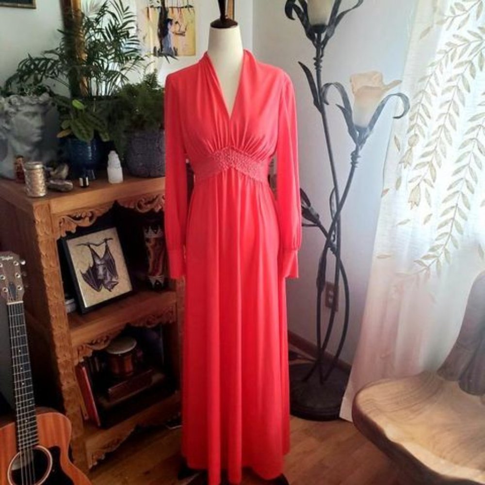 Vintage 60s Coral Goddess Maxi Dress - Picture 2 of 6